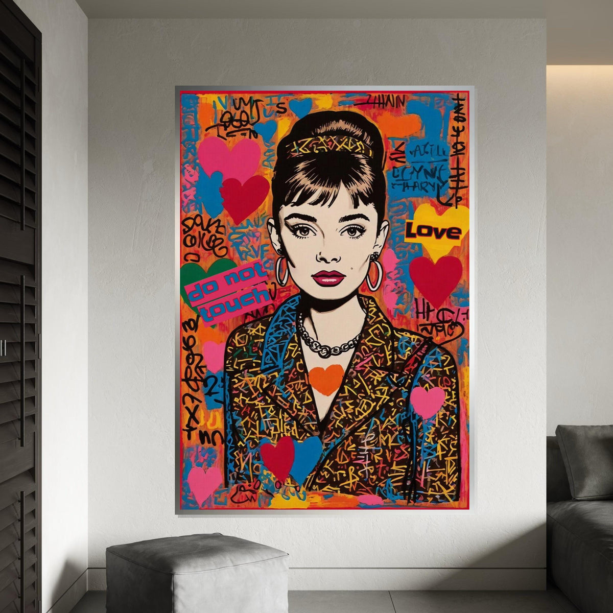Audrey Hepburn Street Art Canvas, Colorful Pop Graffiti Wall Art, Do Not Touch Urban Portrait, Bold Fashion Canvas Print, Ready to Hang