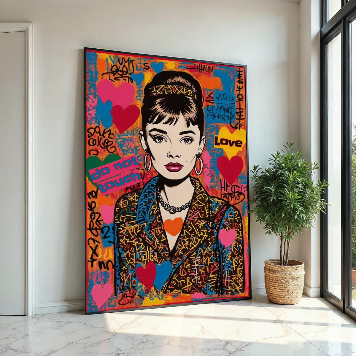 Audrey Hepburn Street Art Canvas, Colorful Pop Graffiti Wall Art, Do Not Touch Urban Portrait, Bold Fashion Canvas Print, Ready to Hang