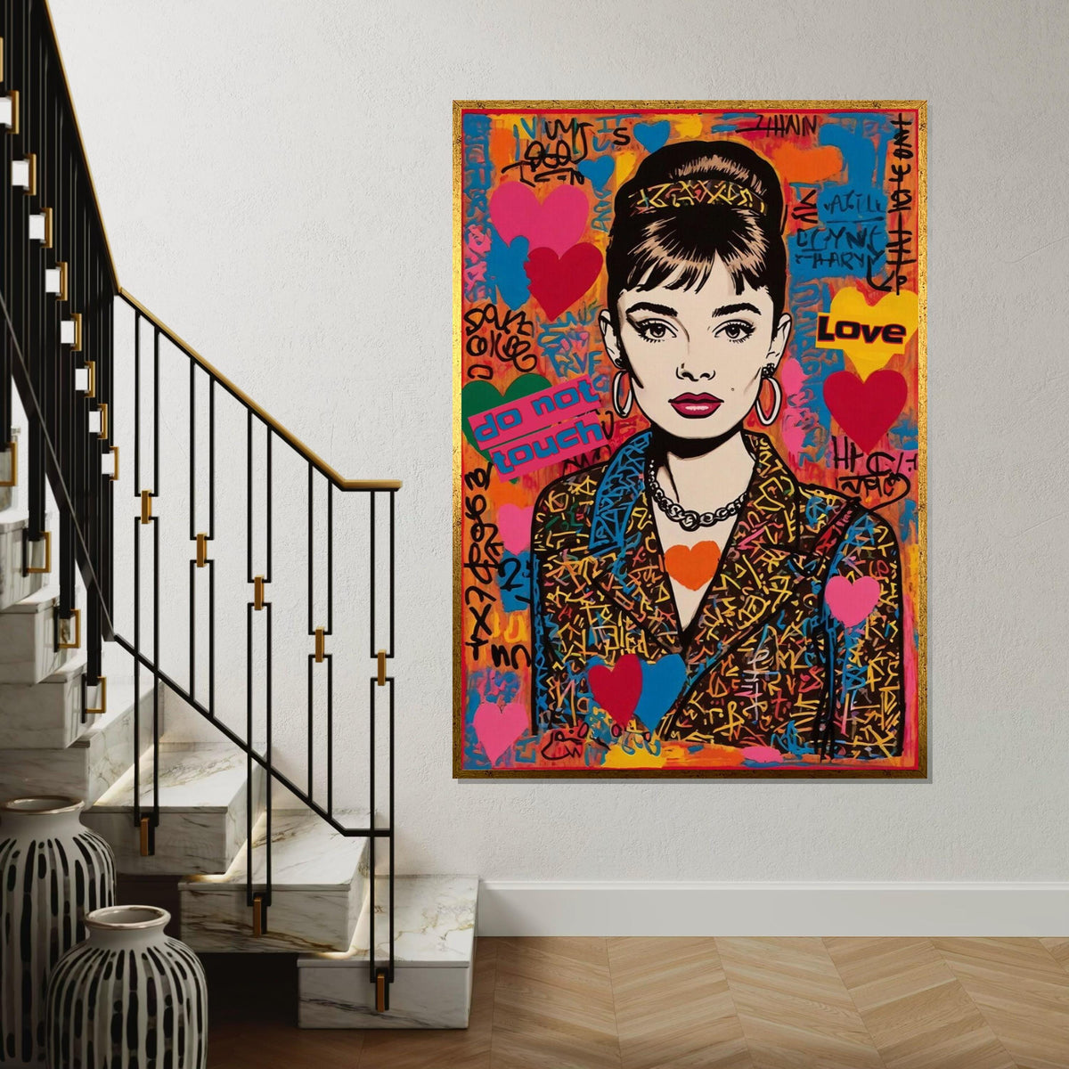 Audrey Hepburn Street Art Canvas, Colorful Pop Graffiti Wall Art, Do Not Touch Urban Portrait, Bold Fashion Canvas Print, Ready to Hang
