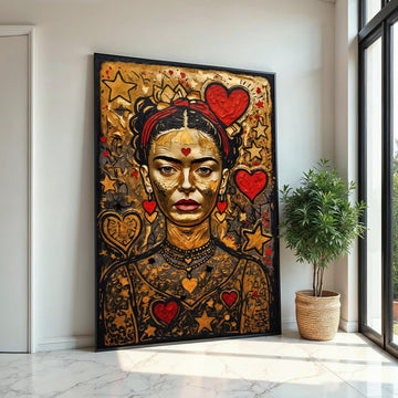 Frida Kahlo Gold Canvas, Heart and Star Pop Art, Iconic Feminist Wall Art, Colorful Modern Portrait, Ready to Hang Art Print
