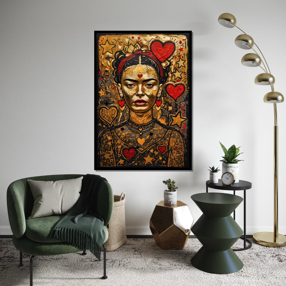 Frida Kahlo Gold Canvas, Heart and Star Pop Art, Iconic Feminist Wall Art, Colorful Modern Portrait, Ready to Hang Art Print