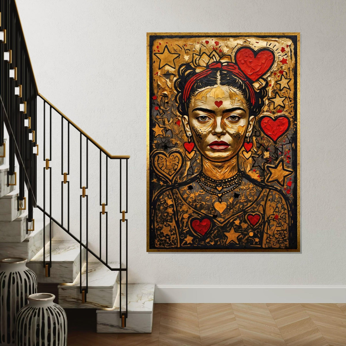 Frida Kahlo Gold Canvas, Heart and Star Pop Art, Iconic Feminist Wall Art, Colorful Modern Portrait, Ready to Hang Art Print