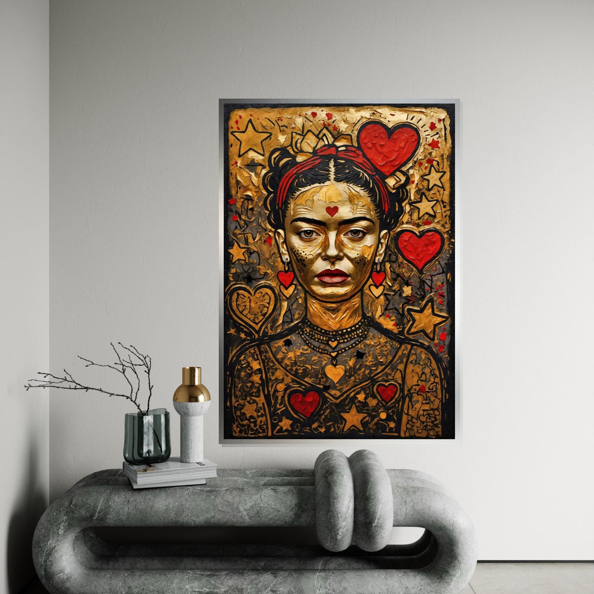 Frida Kahlo Gold Canvas, Heart and Star Pop Art, Iconic Feminist Wall Art, Colorful Modern Portrait, Ready to Hang Art Print