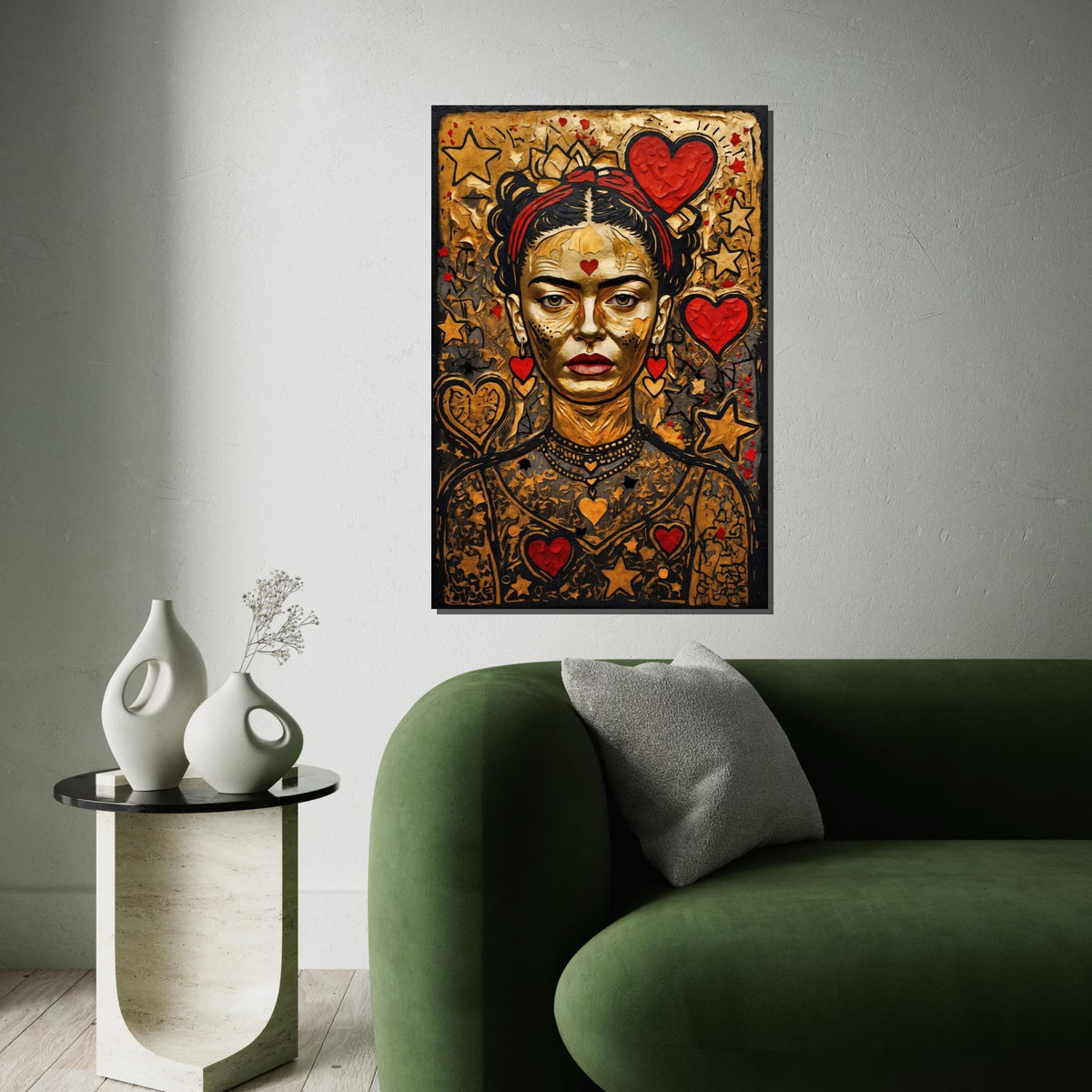 Frida Kahlo Gold Canvas, Heart and Star Pop Art, Iconic Feminist Wall Art, Colorful Modern Portrait, Ready to Hang Art Print