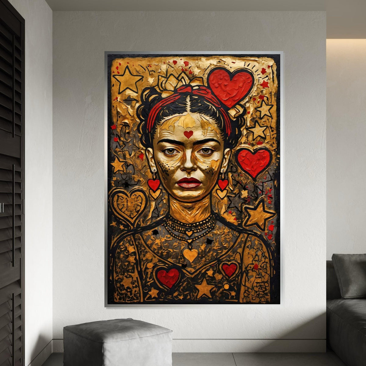 Frida Kahlo Gold Canvas, Heart and Star Pop Art, Iconic Feminist Wall Art, Colorful Modern Portrait, Ready to Hang Art Print
