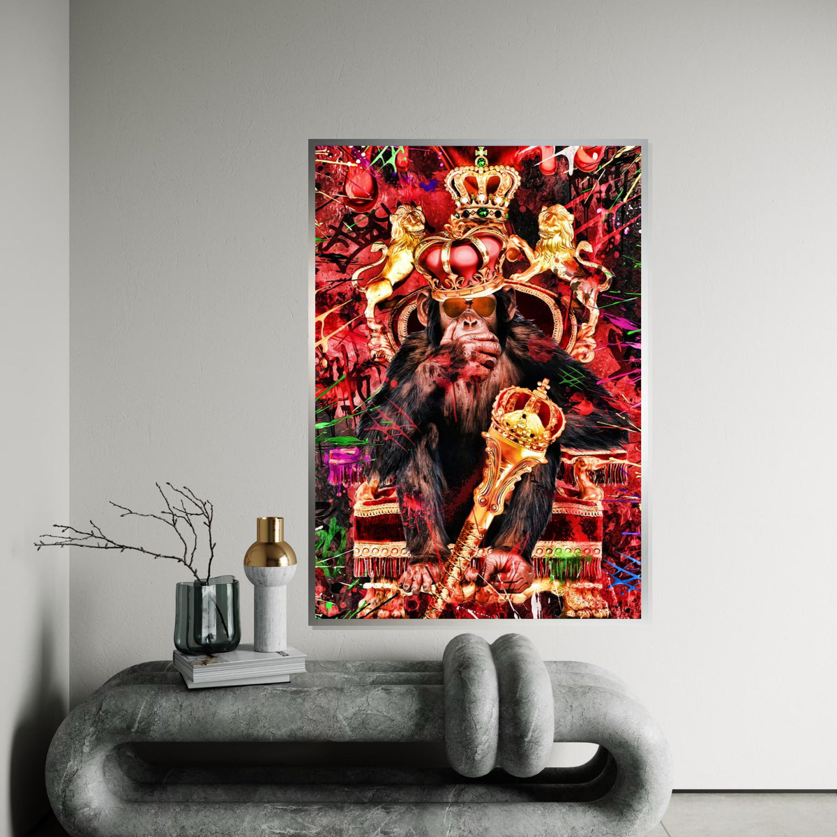 Regal Chimp Canvas, Monkey Royalty Art, Animal King Print, Wall Art Canvas Design, Gold Crown Chimpanzee, Ready To Hang Decoration