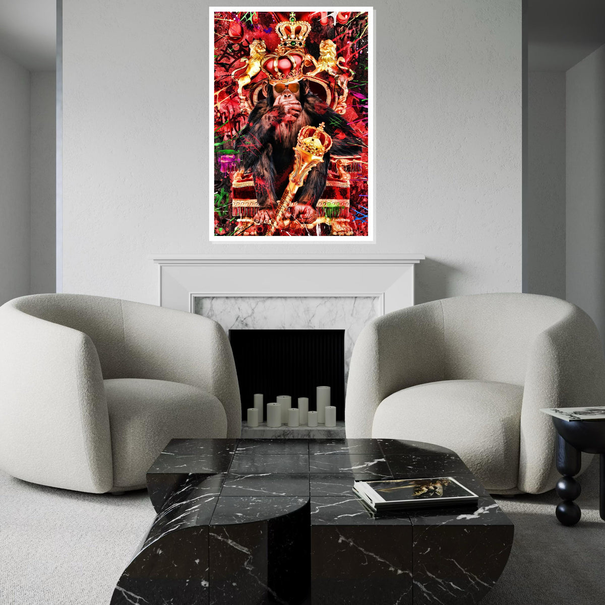 Regal Chimp Canvas, Monkey Royalty Art, Animal King Print, Wall Art Canvas Design, Gold Crown Chimpanzee, Ready To Hang Decoration