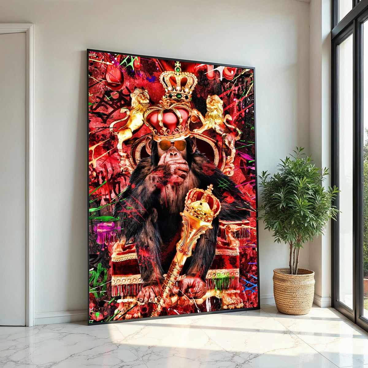 Regal Chimp Canvas, Monkey Royalty Art, Animal King Print, Wall Art Canvas Design, Gold Crown Chimpanzee, Ready To Hang Decoration
