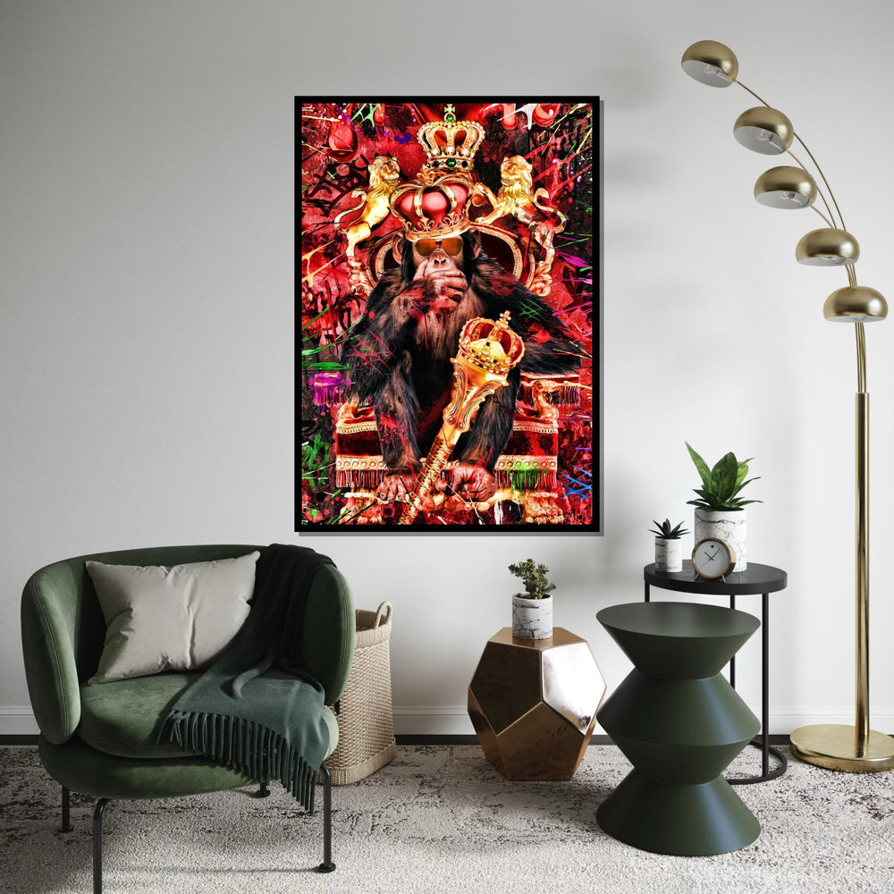 Regal Chimp Canvas, Monkey Royalty Art, Animal King Print, Wall Art Canvas Design, Gold Crown Chimpanzee, Ready To Hang Decoration