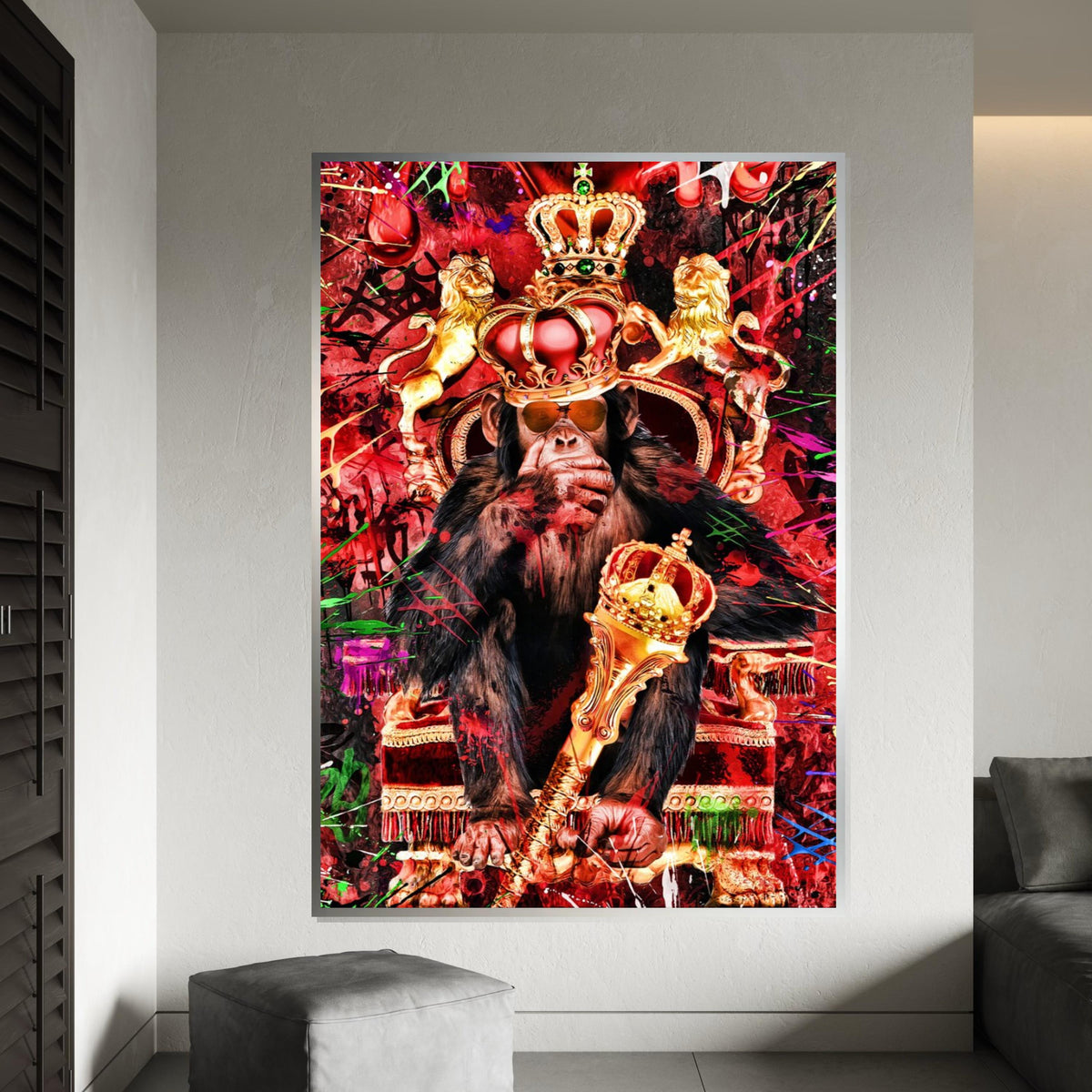 Regal Chimp Canvas, Monkey Royalty Art, Animal King Print, Wall Art Canvas Design, Gold Crown Chimpanzee, Ready To Hang Decoration