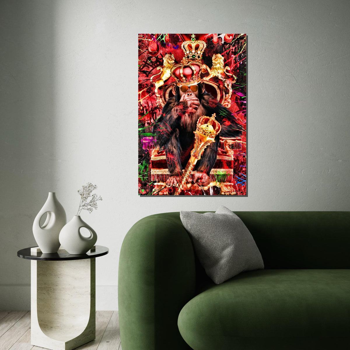 Regal Chimp Canvas, Monkey Royalty Art, Animal King Print, Wall Art Canvas Design, Gold Crown Chimpanzee, Ready To Hang Decoration