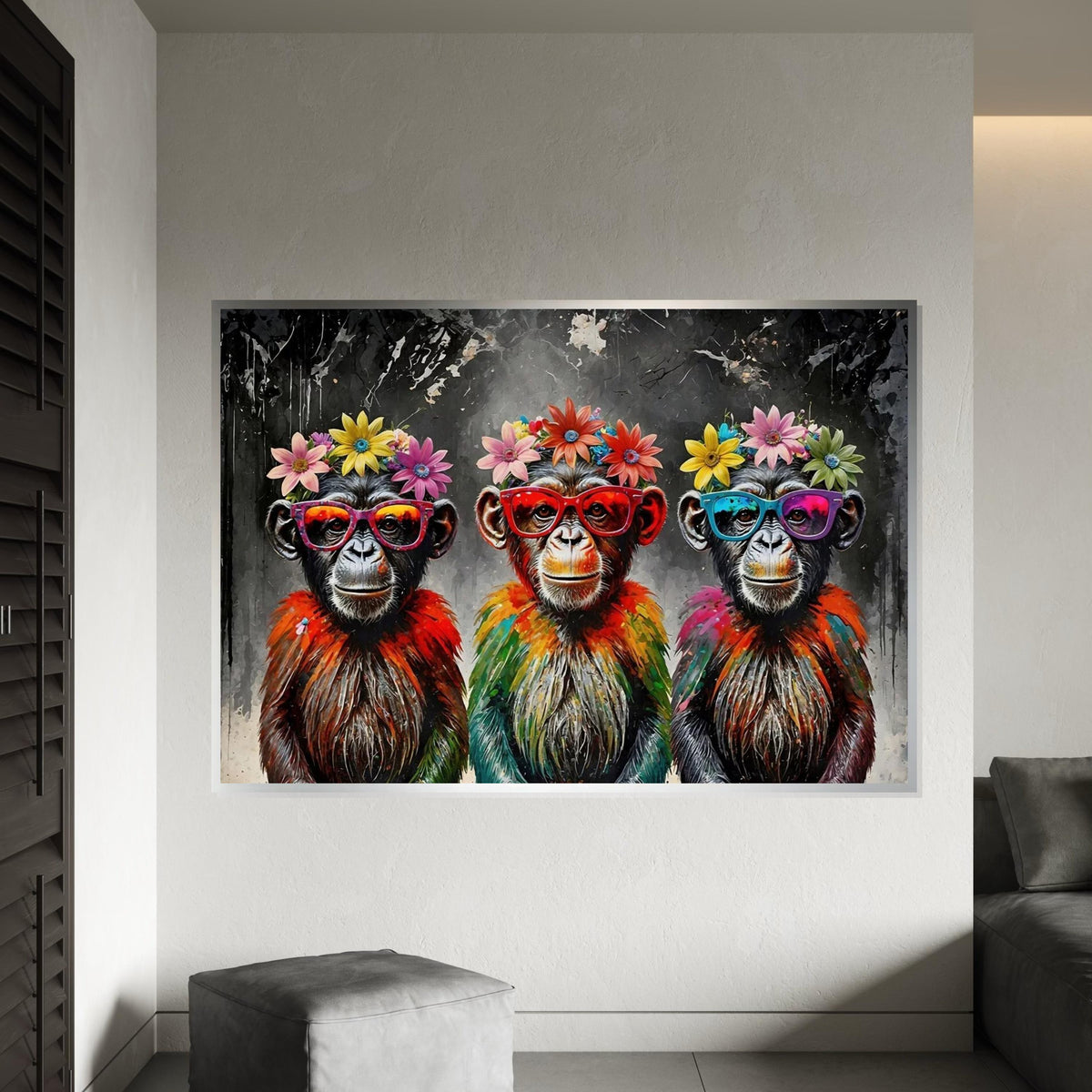 Trendy Chimpanzee Canvas Art, Flower Crown Monkeys, Colorful Primates, Pop Art Canvas, Wall Art Design, Ready to Hang Decor