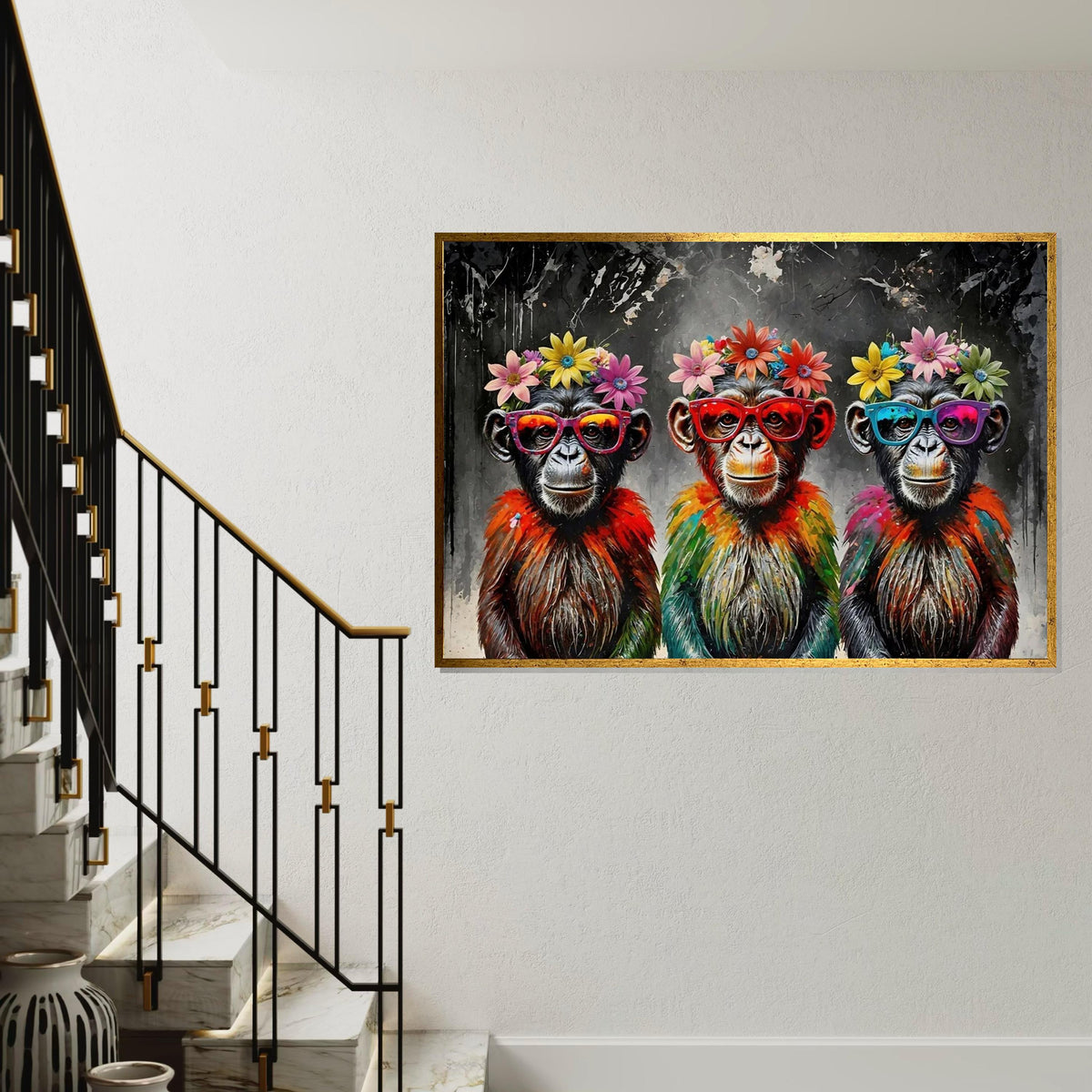 Trendy Chimpanzee Canvas Art, Flower Crown Monkeys, Colorful Primates, Pop Art Canvas, Wall Art Design, Ready to Hang Decor