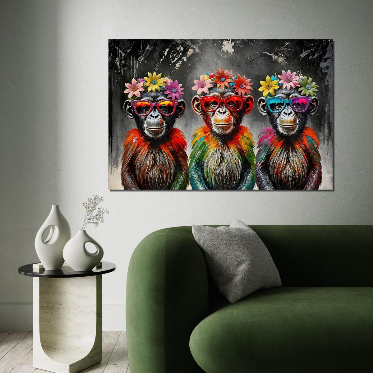 Trendy Chimpanzee Canvas Art, Flower Crown Monkeys, Colorful Primates, Pop Art Canvas, Wall Art Design, Ready to Hang Decor