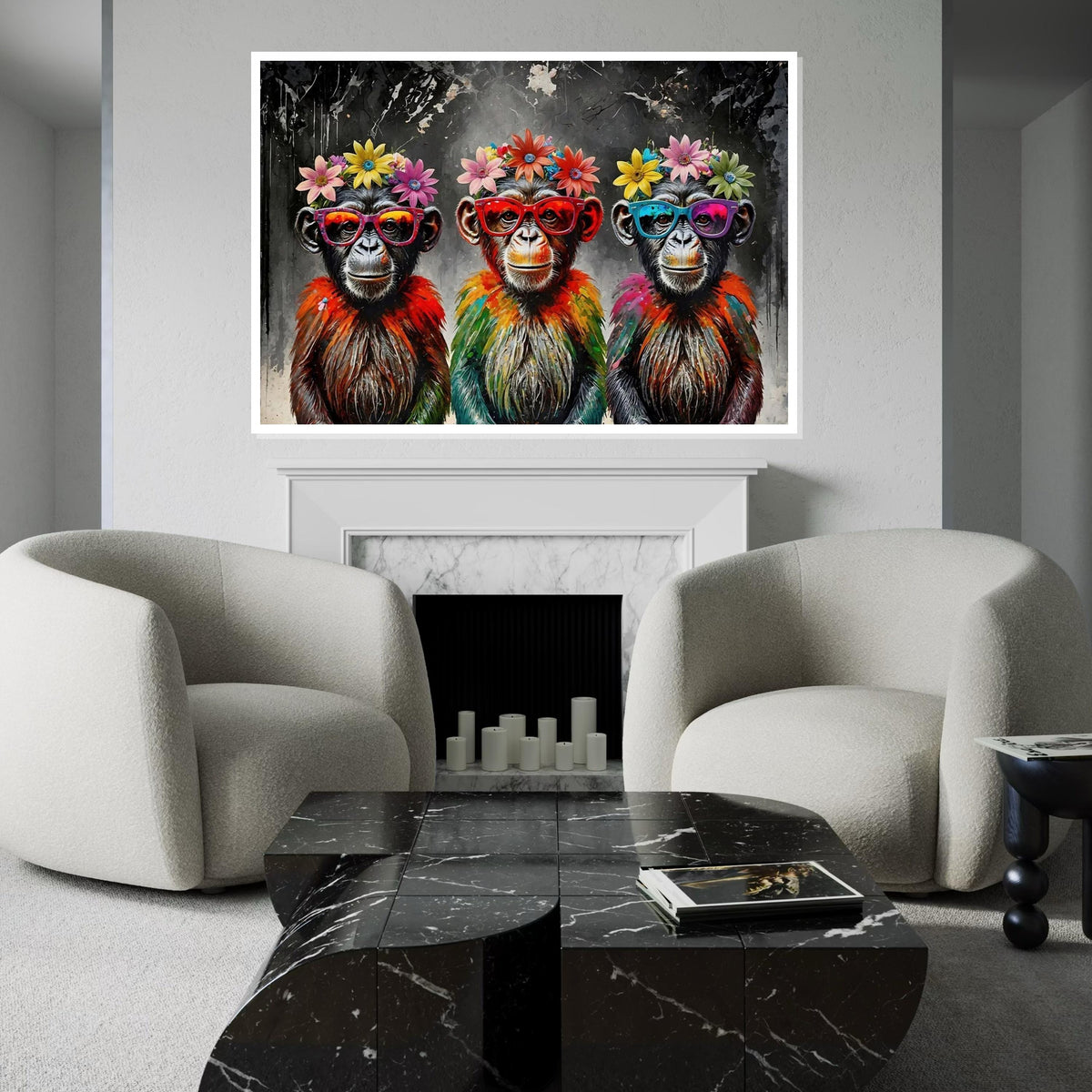 Trendy Chimpanzee Canvas Art, Flower Crown Monkeys, Colorful Primates, Pop Art Canvas, Wall Art Design, Ready to Hang Decor