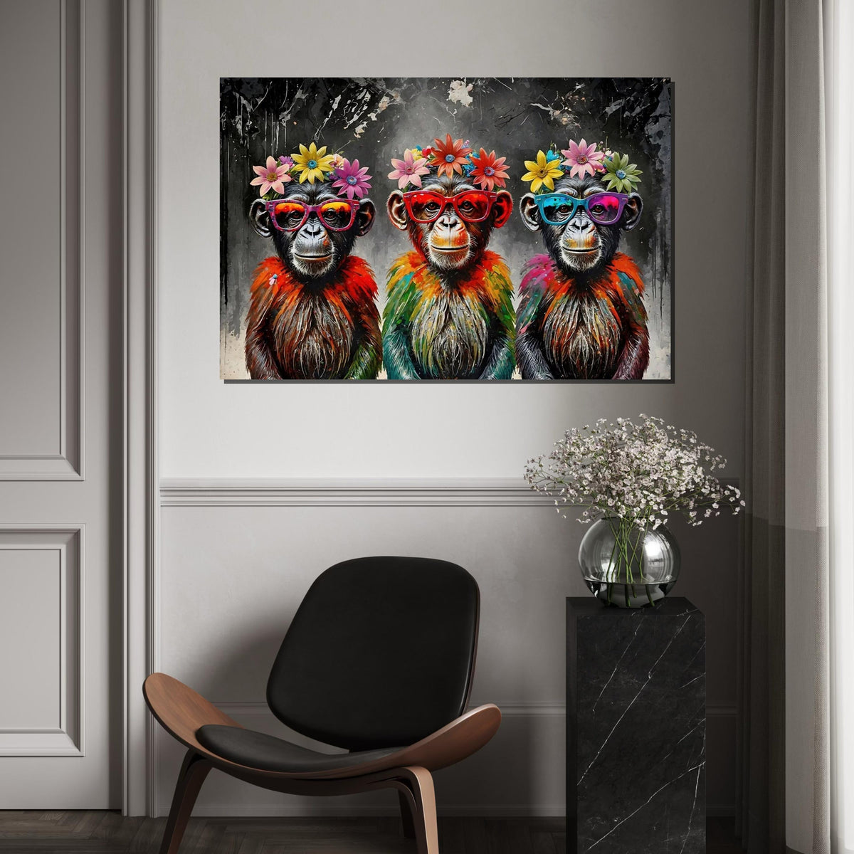 Trendy Chimpanzee Canvas Art, Flower Crown Monkeys, Colorful Primates, Pop Art Canvas, Wall Art Design, Ready to Hang Decor
