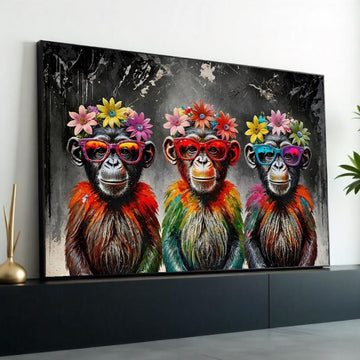Trendy Chimpanzee Canvas Art, Flower Crown Monkeys, Colorful Primates, Pop Art Canvas, Wall Art Design, Ready to Hang Decor