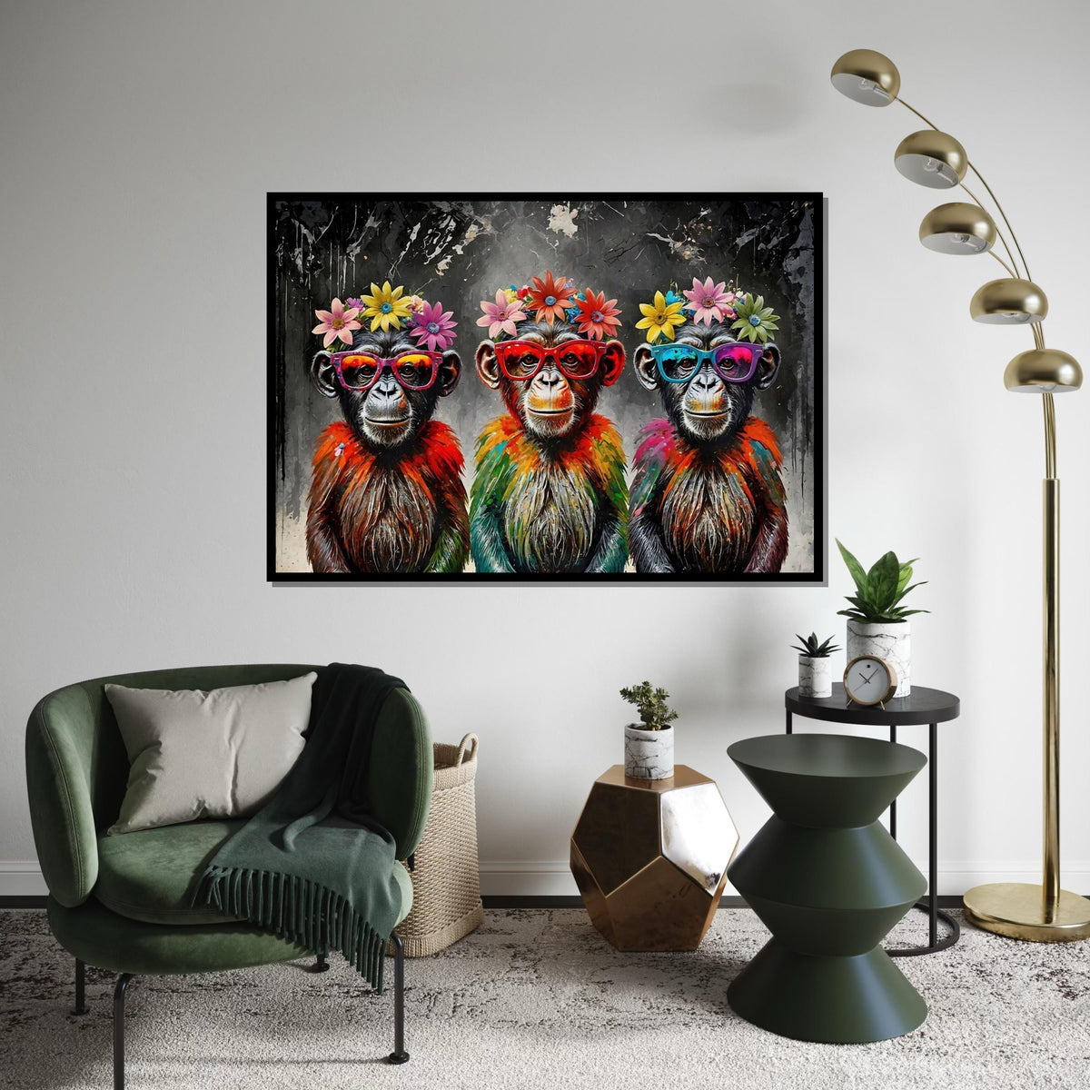 Trendy Chimpanzee Canvas Art, Flower Crown Monkeys, Colorful Primates, Pop Art Canvas, Wall Art Design, Ready to Hang Decor