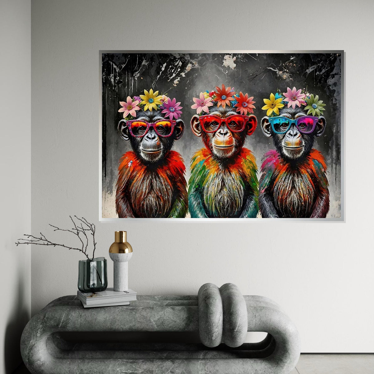 Trendy Chimpanzee Canvas Art, Flower Crown Monkeys, Colorful Primates, Pop Art Canvas, Wall Art Design, Ready to Hang Decor