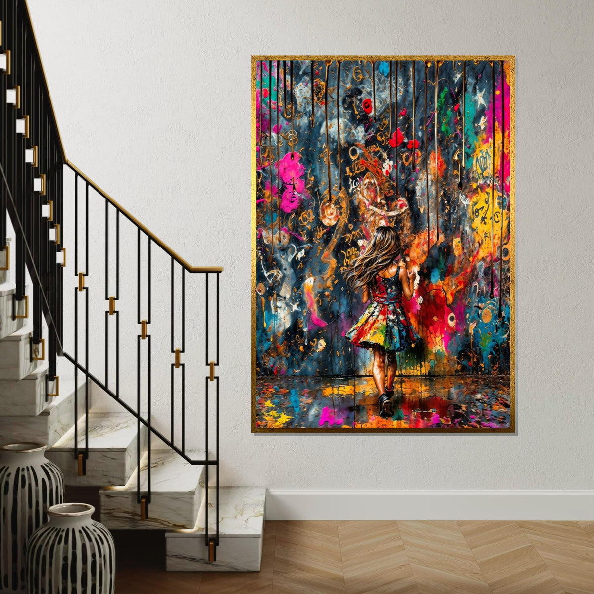 Colorful Dreams Canvas, Girl in Vibrant World, Abstract Wall Art, Multicolor Art Print, Wall Art Canvas Design, Ready to Hang Decoration