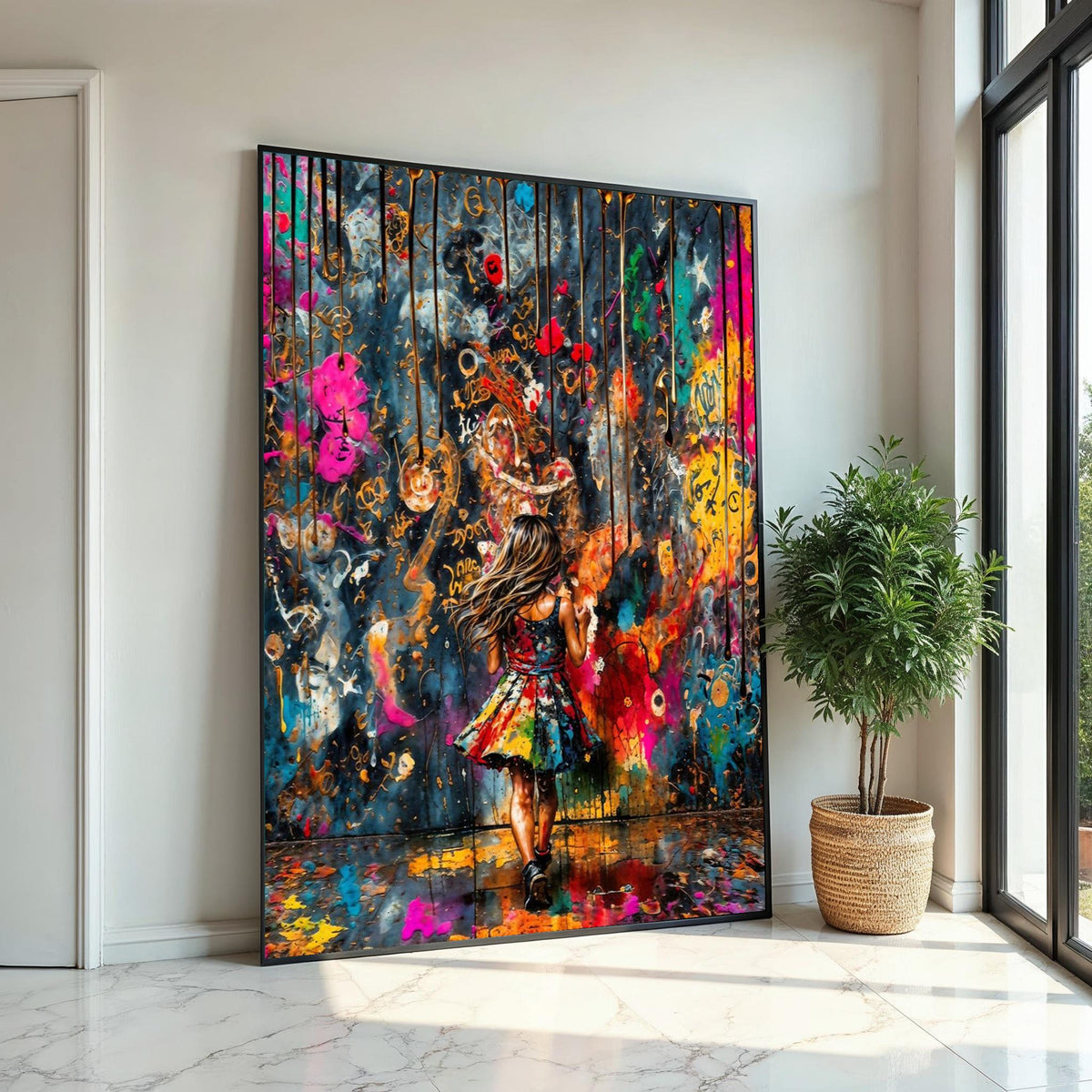 Colorful Dreams Canvas, Girl in Vibrant World, Abstract Wall Art, Multicolor Art Print, Wall Art Canvas Design, Ready to Hang Decoration
