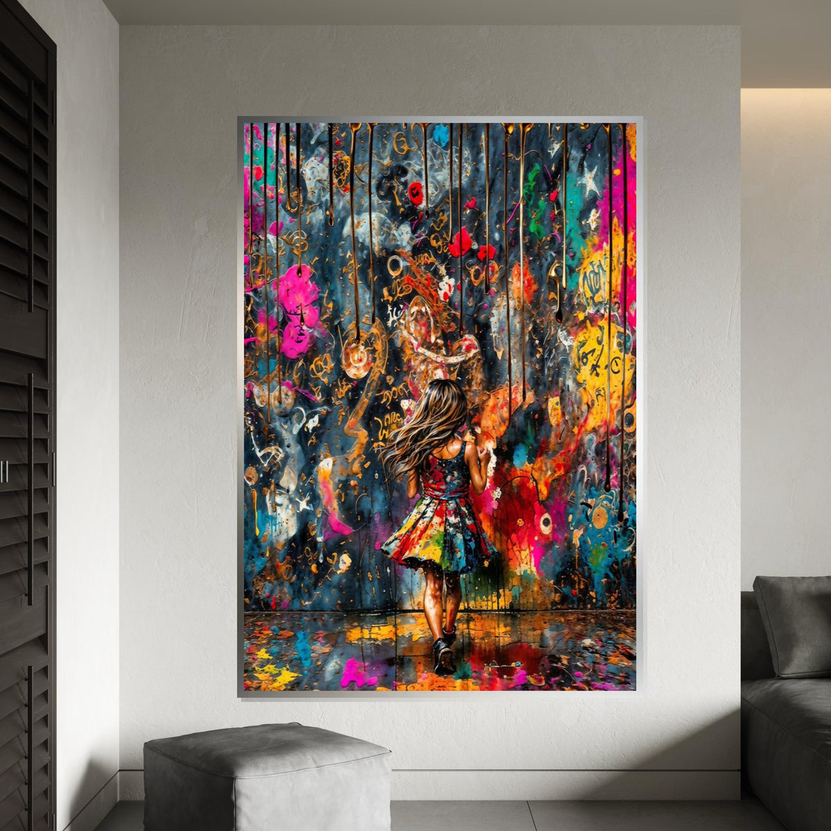 Colorful Dreams Canvas, Girl in Vibrant World, Abstract Wall Art, Multicolor Art Print, Wall Art Canvas Design, Ready to Hang Decoration