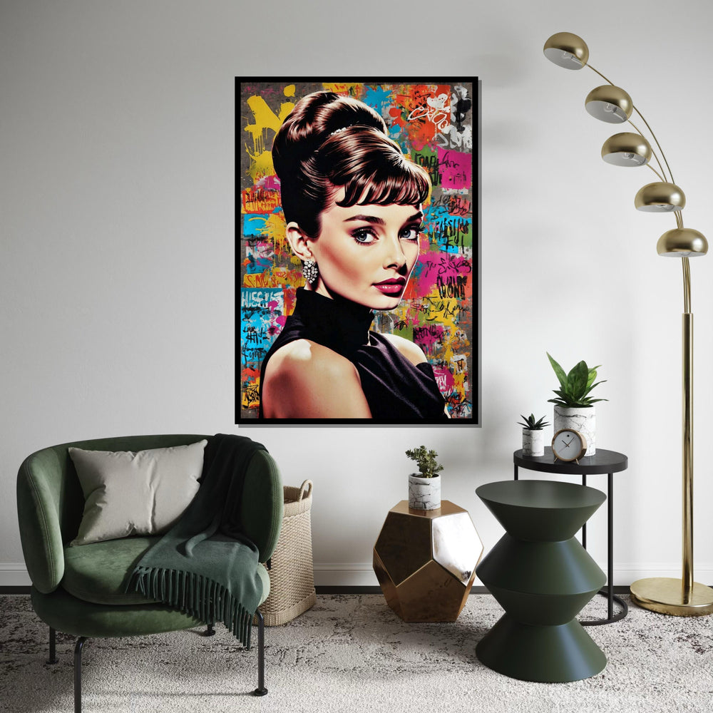 Audrey Hepburn Graffiti Canvas, Elegant Woman Pop Art, Retro Celebrity Wall Art, Colorful Street Art Portrait, Ready to Hang Glam Canvas