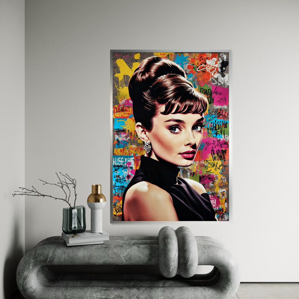 Audrey Hepburn Graffiti Canvas, Elegant Woman Pop Art, Retro Celebrity Wall Art, Colorful Street Art Portrait, Ready to Hang Glam Canvas