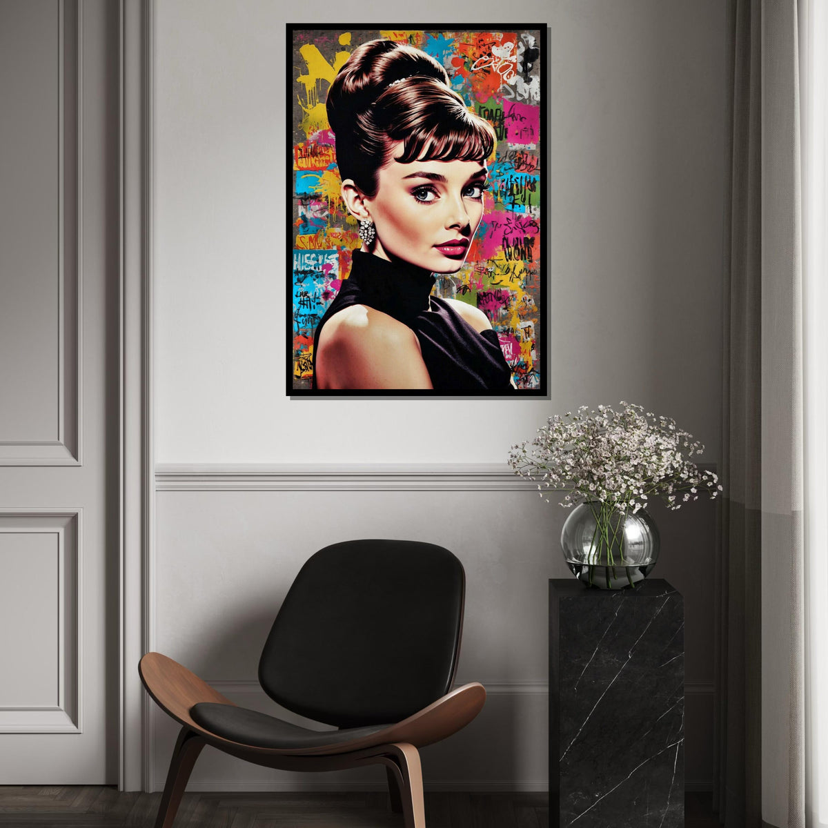 Audrey Hepburn Graffiti Canvas, Elegant Woman Pop Art, Retro Celebrity Wall Art, Colorful Street Art Portrait, Ready to Hang Glam Canvas