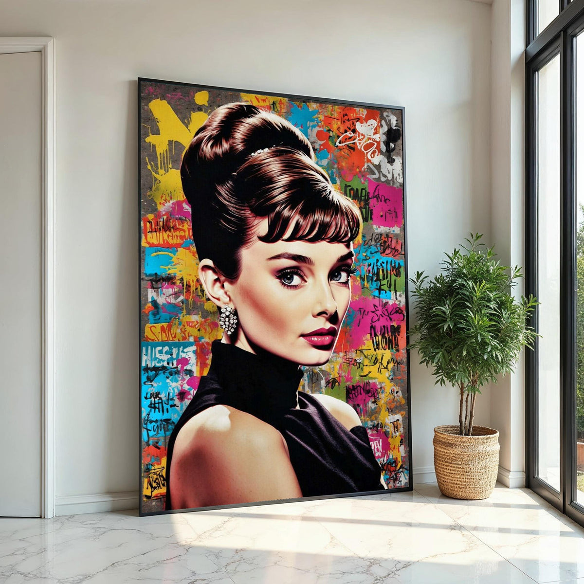 Audrey Hepburn Graffiti Canvas, Elegant Woman Pop Art, Retro Celebrity Wall Art, Colorful Street Art Portrait, Ready to Hang Glam Canvas