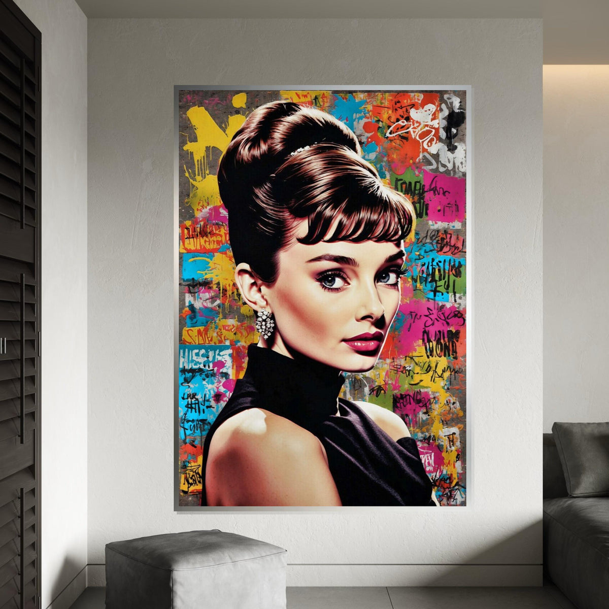 Audrey Hepburn Graffiti Canvas, Elegant Woman Pop Art, Retro Celebrity Wall Art, Colorful Street Art Portrait, Ready to Hang Glam Canvas