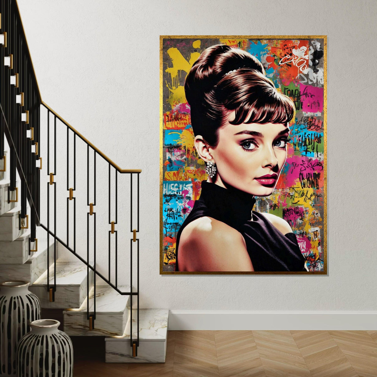 Audrey Hepburn Graffiti Canvas, Elegant Woman Pop Art, Retro Celebrity Wall Art, Colorful Street Art Portrait, Ready to Hang Glam Canvas