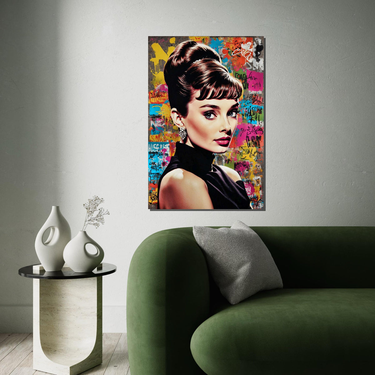 Audrey Hepburn Graffiti Canvas, Elegant Woman Pop Art, Retro Celebrity Wall Art, Colorful Street Art Portrait, Ready to Hang Glam Canvas