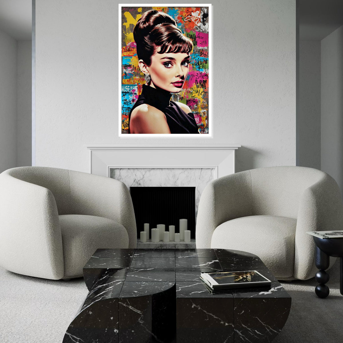 Audrey Hepburn Graffiti Canvas, Elegant Woman Pop Art, Retro Celebrity Wall Art, Colorful Street Art Portrait, Ready to Hang Glam Canvas