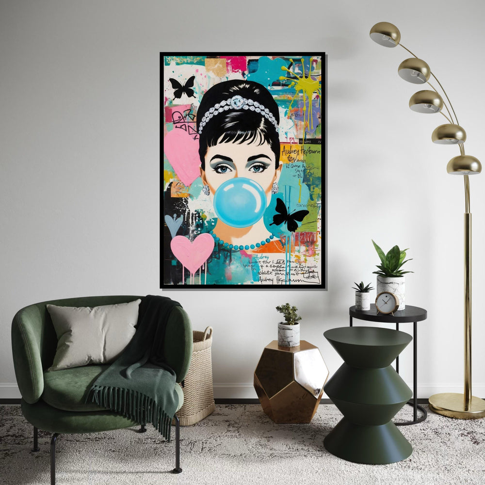 Audrey Hepburn Pop Art Canvas, Colorful Bubblegum Girl Wall Art,Retro Celebrity Portrait,Graffiti Style Canvas,Ready to Hang Wall Decoration