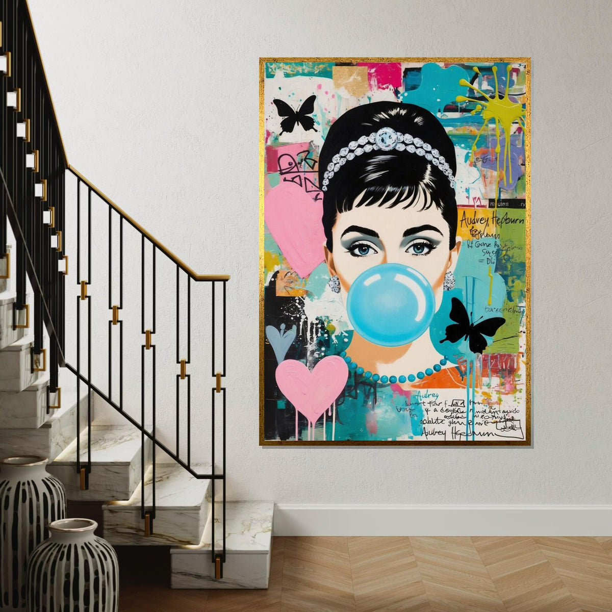 Audrey Hepburn Pop Art Canvas, Colorful Bubblegum Girl Wall Art,Retro Celebrity Portrait,Graffiti Style Canvas,Ready to Hang Wall Decoration