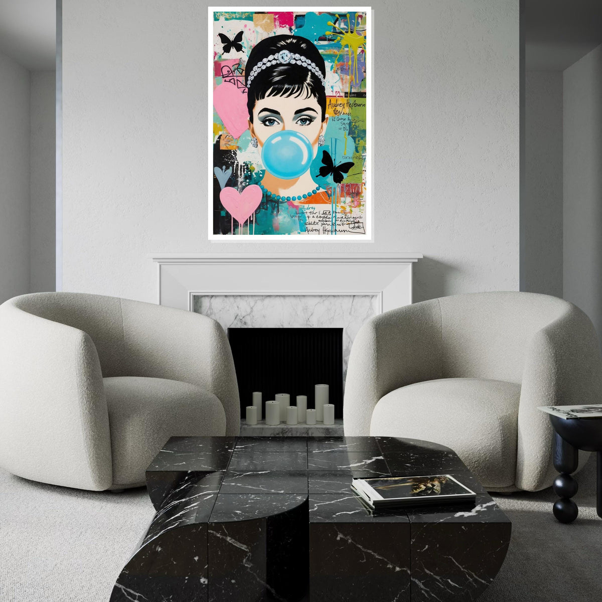 Audrey Hepburn Pop Art Canvas, Colorful Bubblegum Girl Wall Art,Retro Celebrity Portrait,Graffiti Style Canvas,Ready to Hang Wall Decoration