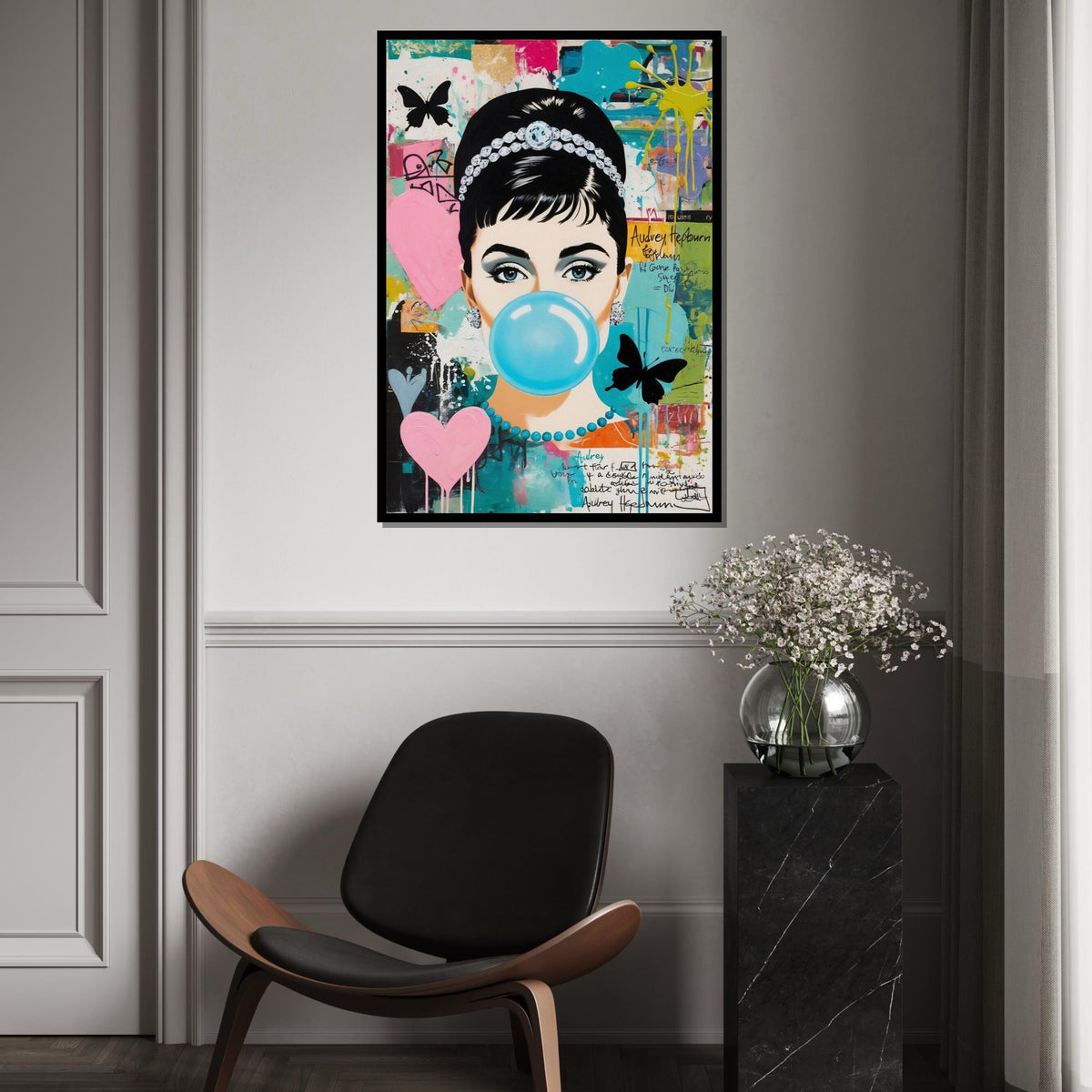 Audrey Hepburn Pop Art Canvas, Colorful Bubblegum Girl Wall Art,Retro Celebrity Portrait,Graffiti Style Canvas,Ready to Hang Wall Decoration