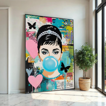 Audrey Hepburn Pop Art Canvas, Colorful Bubblegum Girl Wall Art,Retro Celebrity Portrait,Graffiti Style Canvas,Ready to Hang Wall Decoration