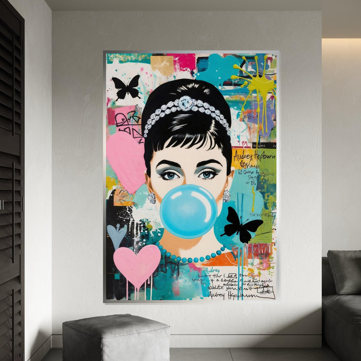 Audrey Hepburn Pop Art Canvas, Colorful Bubblegum Girl Wall Art,Retro Celebrity Portrait,Graffiti Style Canvas,Ready to Hang Wall Decoration