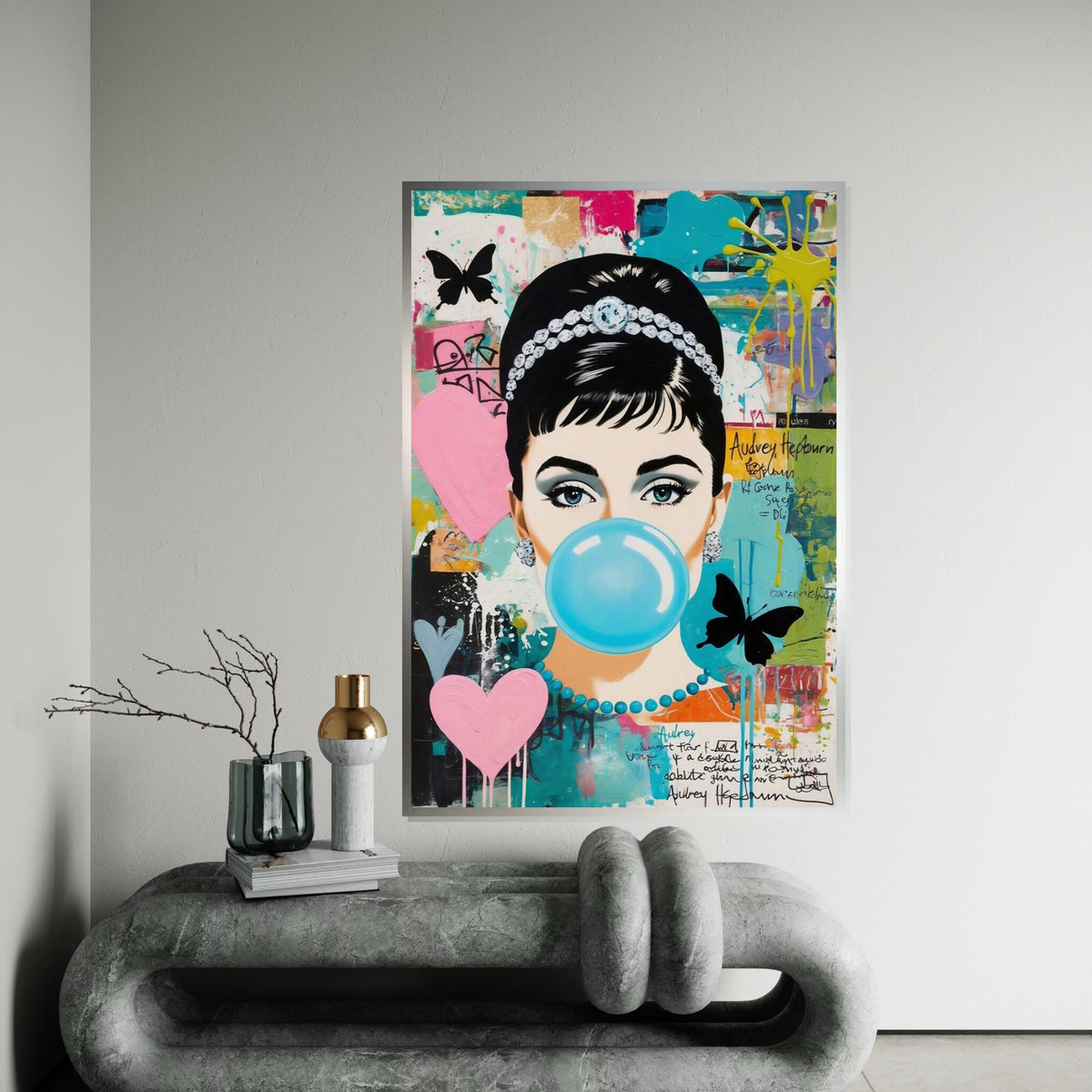 Audrey Hepburn Pop Art Canvas, Colorful Bubblegum Girl Wall Art,Retro Celebrity Portrait,Graffiti Style Canvas,Ready to Hang Wall Decoration