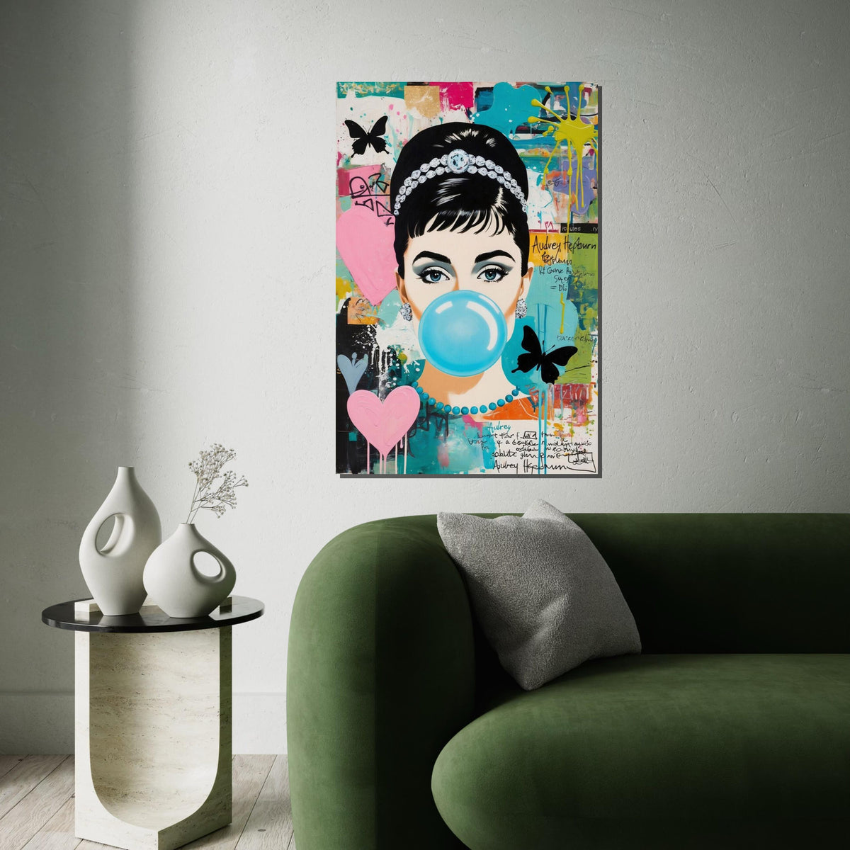 Audrey Hepburn Pop Art Canvas, Colorful Bubblegum Girl Wall Art,Retro Celebrity Portrait,Graffiti Style Canvas,Ready to Hang Wall Decoration