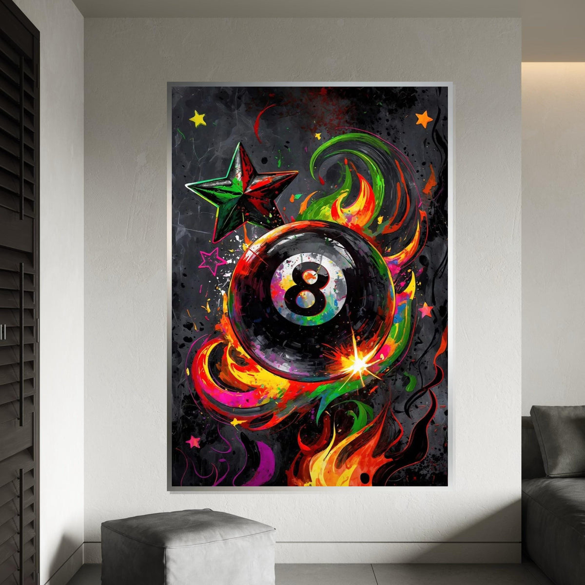 Colorful 8 Ball, Multicolor Billiard Art, Starburst Canvas, Wall Art Canvas Design, Abstract Flame Wall Print, Ready To Hang Decor