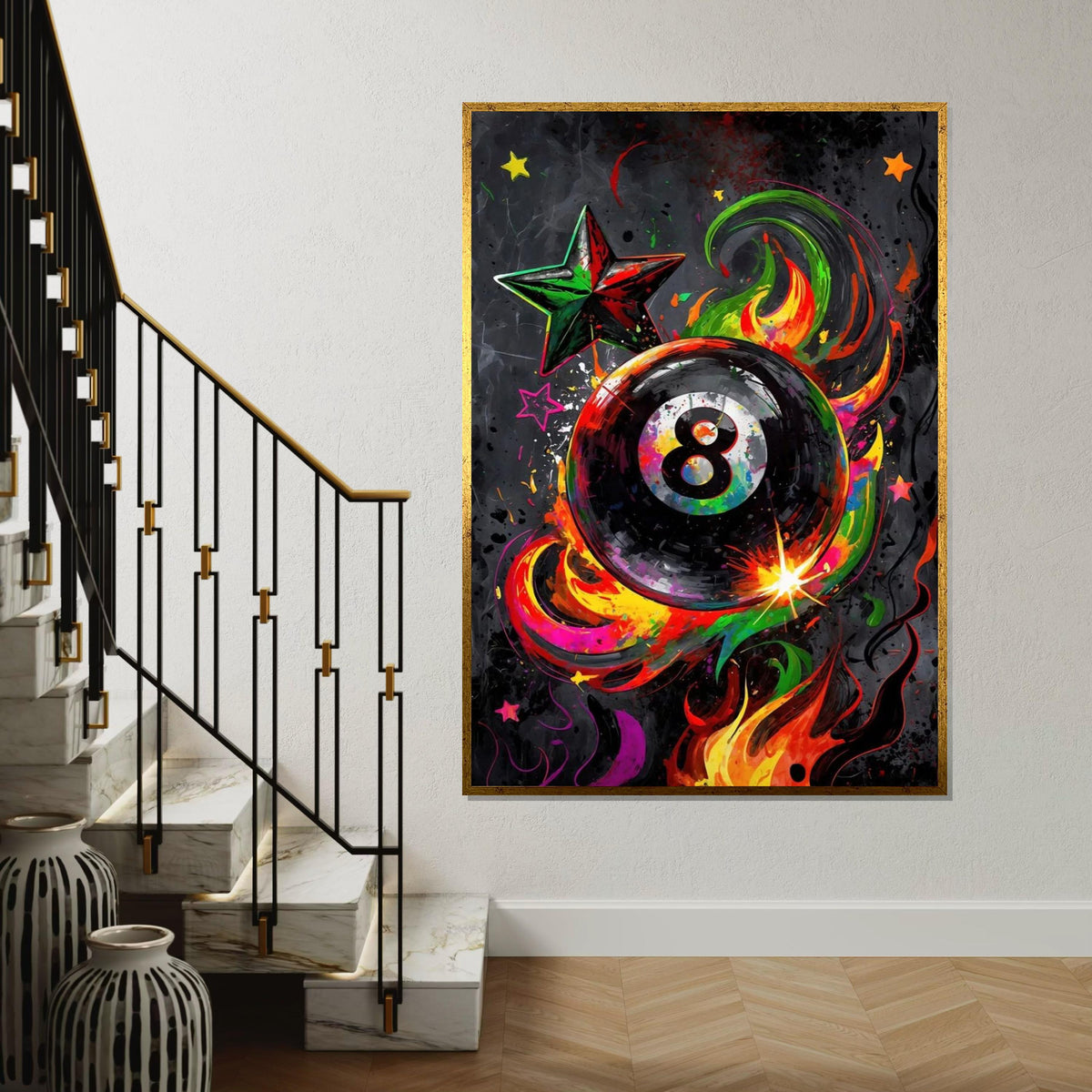 Colorful 8 Ball, Multicolor Billiard Art, Starburst Canvas, Wall Art Canvas Design, Abstract Flame Wall Print, Ready To Hang Decor