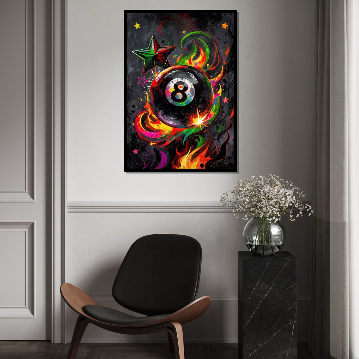 Colorful 8 Ball, Multicolor Billiard Art, Starburst Canvas, Wall Art Canvas Design, Abstract Flame Wall Print, Ready To Hang Decor