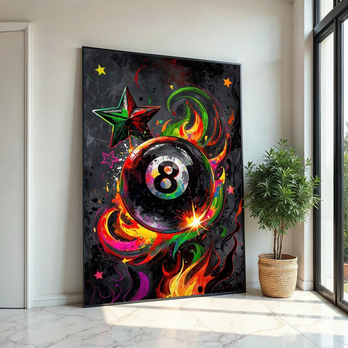 Colorful 8 Ball, Multicolor Billiard Art, Starburst Canvas, Wall Art Canvas Design, Abstract Flame Wall Print, Ready To Hang Decor