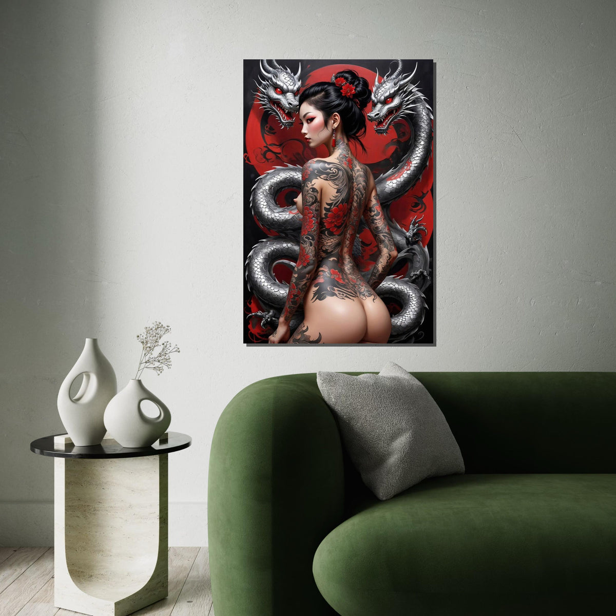 Dragon Tattoo Canvas Art, Oriental Fantasy Wall Art, Mythical Dragon and Woman Poster, Tattoo Design Canvas, Ready To Hang Decor