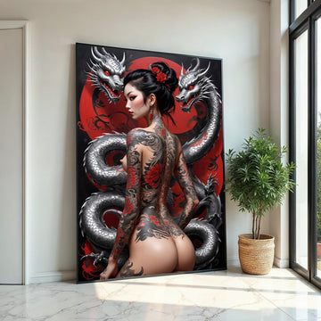 Dragon Tattoo Canvas Art, Oriental Fantasy Wall Art, Mythical Dragon and Woman Poster, Tattoo Design Canvas, Ready To Hang Decor
