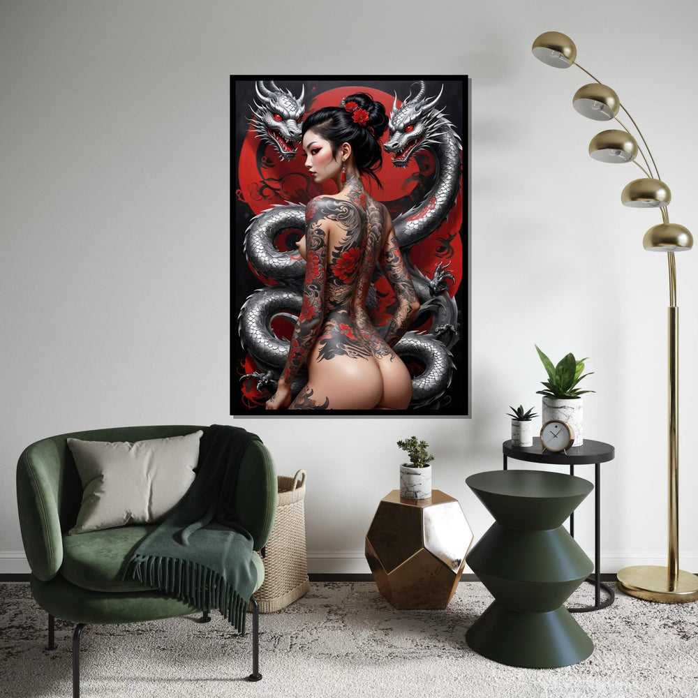 Dragon Tattoo Canvas Art, Oriental Fantasy Wall Art, Mythical Dragon and Woman Poster, Tattoo Design Canvas, Ready To Hang Decor