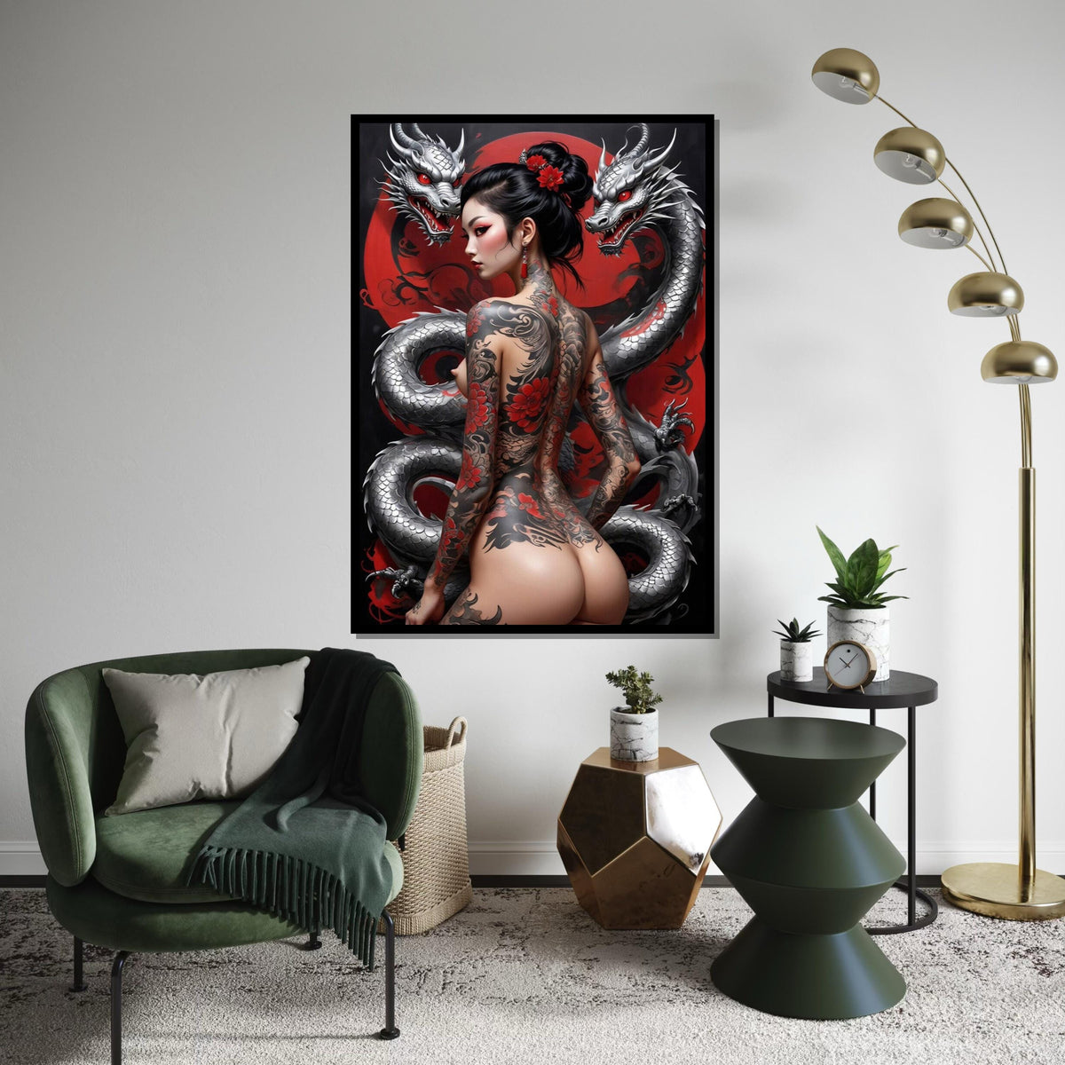 Dragon Tattoo Canvas Art, Oriental Fantasy Wall Art, Mythical Dragon and Woman Poster, Tattoo Design Canvas, Ready To Hang Decor